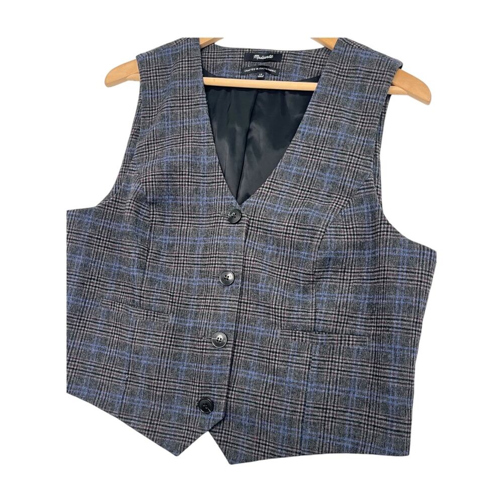 Madewell Vest Womens 14 Gray Blue Plaid Wool Italian Fabric Academia Preppy Fall - Picture 4 of 8
